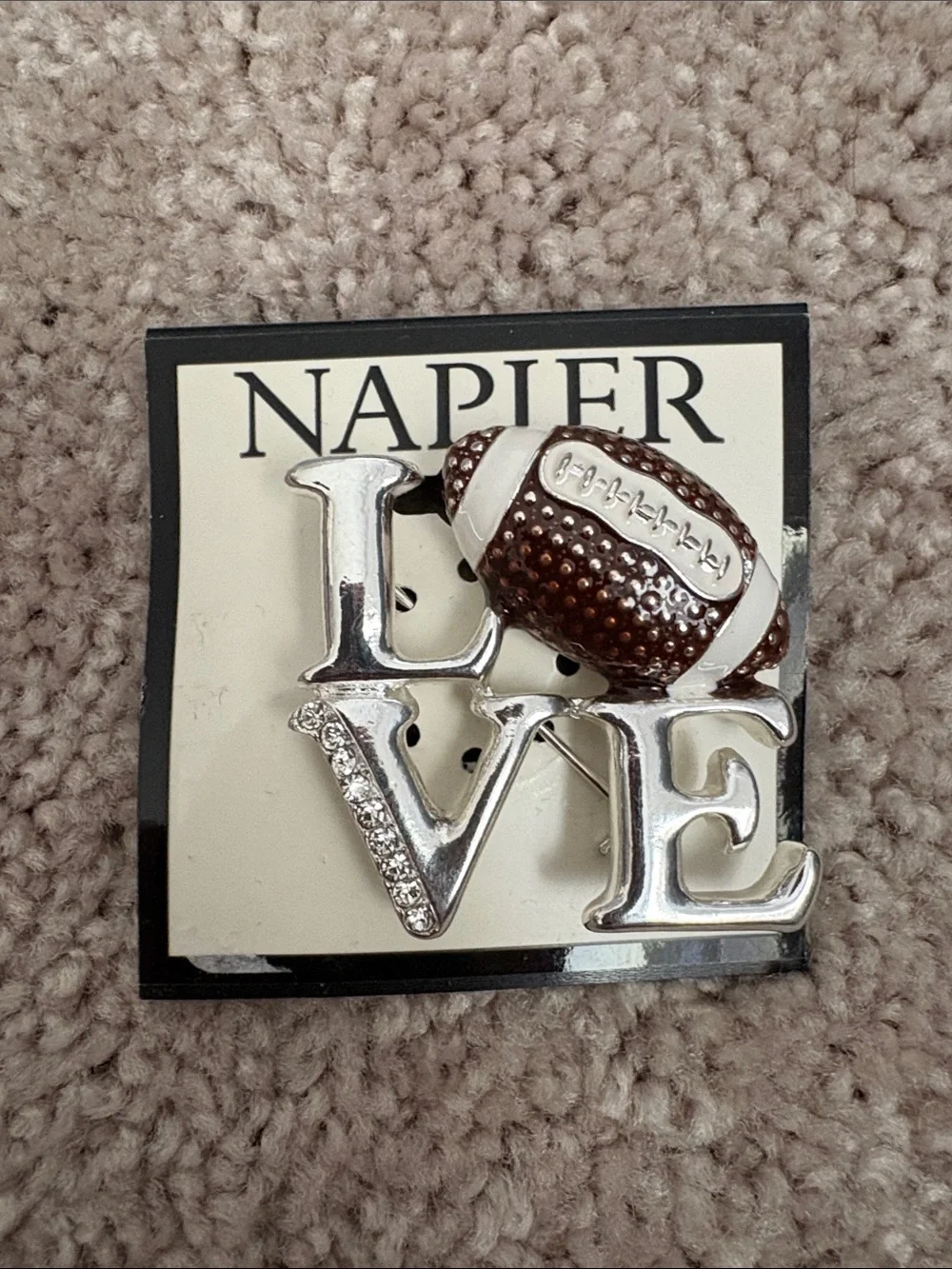 Napier Silver Tone LOVE Football Pin with Brown & White Detail